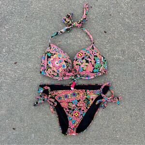 Victoria’s Secret 34D/L The Gorgeous Pink Neon Paisley Pushup Halter Bikini Set